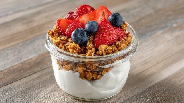 Creamy vanilla yogurt parfait layered with crunchy granola and fresh strawberries and blueberries in a glass jar