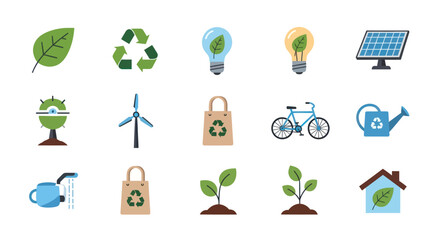 A collection of flat vector icons representing ecology green energy and environmental sustainability.