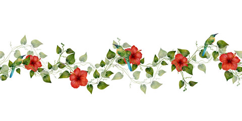 Seamless floral border with red hibiscus flowers and green leaves on thin branches. Tropical botanical repeat design for fabric, textile, wallpaper, wrapping paper, packaging, banner and decor. © Alona