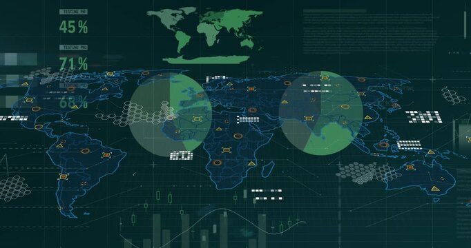 Animation of world map over data processing on black background