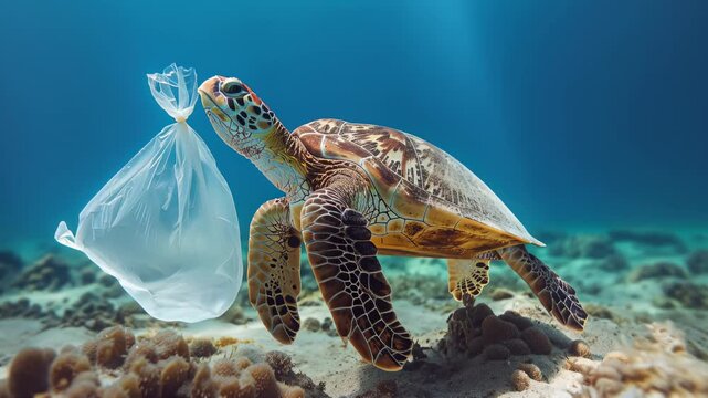 Sea turtle swimming near a plastic bag highlighting ocean pollution and marine life challenges