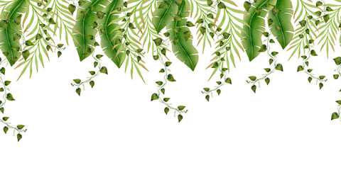 Tropical seamless border with hanging palm leaves, fern fronds and vine branches. Green jungle botanical design for fabric, textile, wallpaper, wrapping paper, packaging and interior decor. © Alona