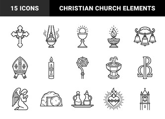 Naklejka premium Christian religious symbols and liturgical items for ecclesiastical design. Traditional monoline pictograms featuring catholic sacraments and spiritual worship elements.