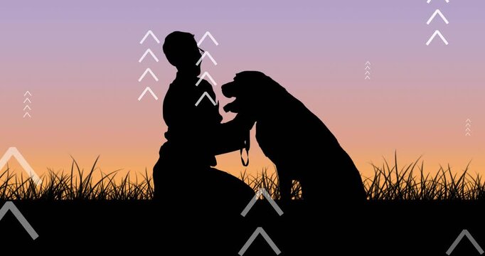 Christmas tree icons over silhouette of reindeer running against blue background