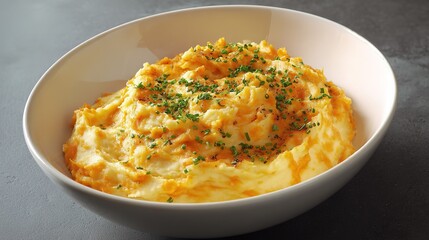 Creamy Mashed Potatoes in a White Ceramic Bowl, Smooth Buttery Texture with Fresh Chopped Parsley Sprinkled on Top, Garnished with a Parsley Sprig and Drizzle of Olive Oil, Steaming Hot Comfort Food, 