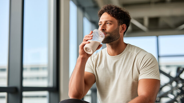 Fit young man drinking protein shake from clear bottle sitting on gym bench after training, calm focused athlete resting in modern fitness center with large windows and daylight.