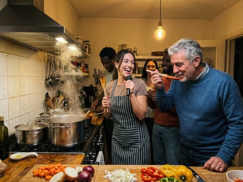 Diverse group enjoying cooking together, sharing laughter and tasting food in a cozy kitchen