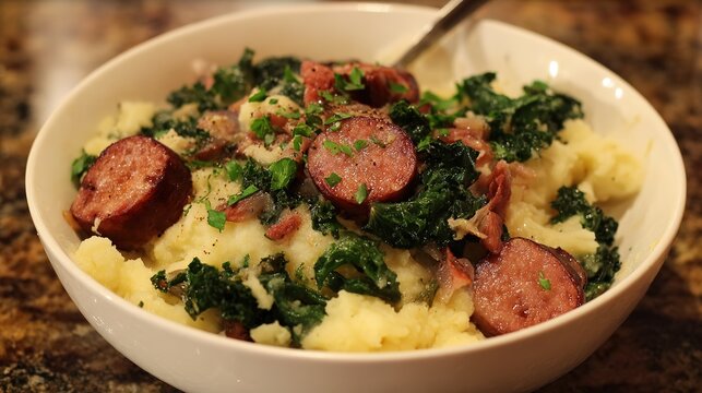 Traditional Dutch Stamppot with Mashed Potatoes and Kale, Served on a Plate with Two Smoked Sausages, Creamy Green Mash with Butter and Gravy, Hearty Comfort Food for Lunch or Dinner, Rustic Presentat