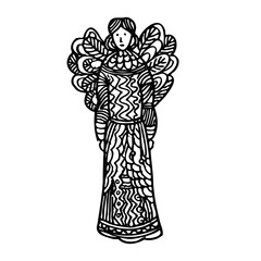 Naklejka premium Linear black and white drawing, angel. Vector illustration. 