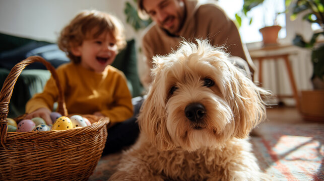 Fluffy white dog posing indoors near wicker basket with colorful Easter eggs while laughing child and father enjoy festive celebration at cozy sunny home.