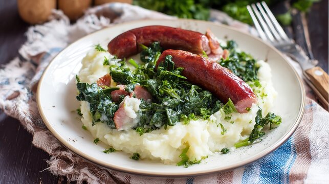Traditional Dutch Stamppot with Mashed Potatoes and Kale, Served on a Plate with Two Smoked Sausages, Creamy Green Mash with Butter and Gravy, Hearty Comfort Food for Lunch or Dinner, Rustic Presentat