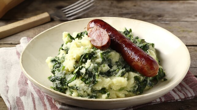 Traditional Dutch Stamppot with Mashed Potatoes and Kale, Served on a Plate with Two Smoked Sausages, Creamy Green Mash with Butter and Gravy, Hearty Comfort Food for Lunch or Dinner, Rustic Presentat