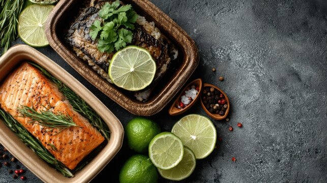 Meal Prep Subscription Box Kitchen Flat Lay Background with Copy Space Concept
