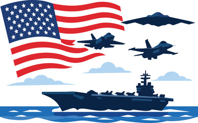 Vector illustration showing American warship with fighter jets flying above and US flag. Concept of military strength and national defense. © VICI
