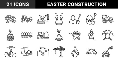 Easter construction and industrial holiday site elements. Heavy machinery and engineering equipment hybrid pictograms in a clean monoline technical aesthetic.