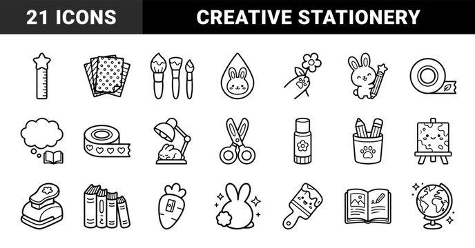 Art and craft supplies for creative education and scrapbooking. Minimalist monoline doodles featuring stationery, cute bunny characters, and school accessories.