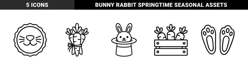 Easter celebration and springtime gardening elements for festive seasonal branding. Minimalist monoline pictograms featuring bunny magic hat, carrots, and rabbit paw prints.