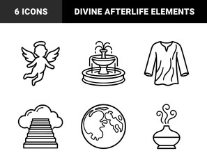 Naklejka premium Heavenly and spiritual afterlife symbols for religious education and faith-based branding. Bold monoline pictograms featuring angelic figures and divine pathway concepts.