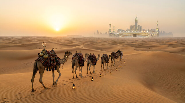 Caravan of camels walking across dry desert sand dunes at beautiful sunrise