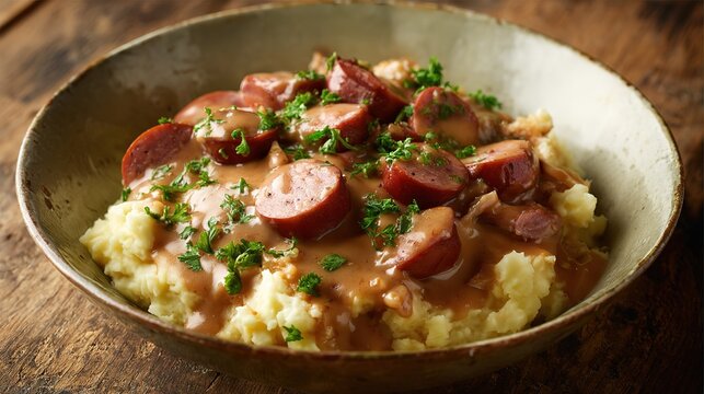 Rustic Stamppot Presentation with Smoked Sausage and Creamy Mustard Delight, Traditional Dutch Comfort Food, Mashed Potatoes Mixed with Kale or Carrots, Topped with Rich Mustard Sauce and Fresh Herbs,