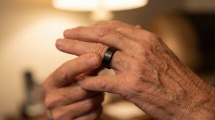 Technology Title (EN): Senior Hand Wearing Sleek Matte Black Smart Ring for Biometric Health Monitoring and Aging in Place Autonomy