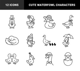 Fototapeta premium Cute duckling and goose characters in various poses with seasonal accessories. Whimsical monoline illustrations featuring baby birds with hats, umbrellas, and flowers.