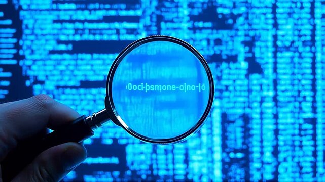 Hand holding magnifying glass over code