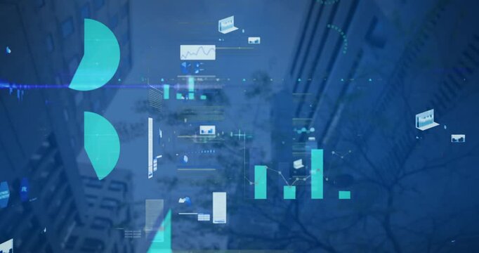 Animation of multiple graphs over low angle view of tree and modern buildings against sky
