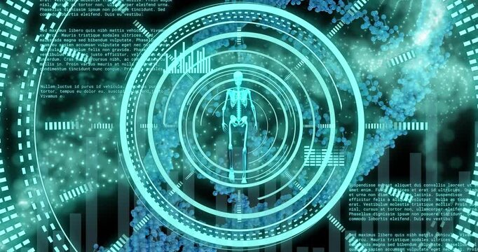 Animation of walking skeleton in loading circles over dna helix and computer language