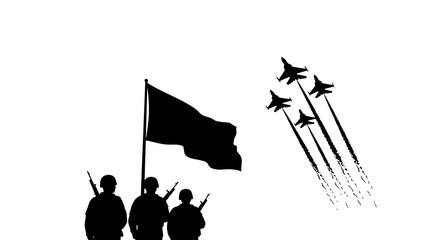 Fototapeta premium Military Parade: Soldiers, Flag, and Fighter Jets in Formation