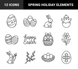 Fototapeta premium Easter holiday celebration line art elements for greeting cards and seasonal branding. Hand-drawn monoline illustrations featuring bunnies, eggs, and spring nature motifs.