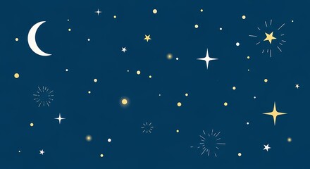 Fototapeta premium Whimsical night sky filled with a crescent moon and a dazzling array of stars and celestial sparkle effects