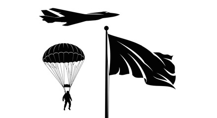 Military Paratrooper Jumps Near Jet and Waving Flag Silhouette