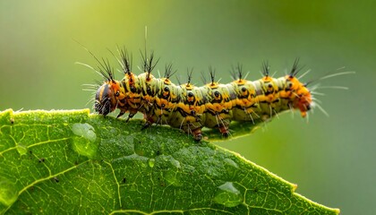 Fototapeta premium Ornate caterpillar crawls on leaf. Bright colors yellow, orange, black. Spines. Dew drops on leaf