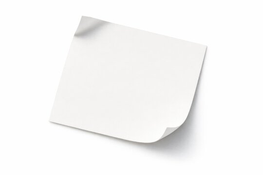Blank white square sticky note with curled corners, casting a soft shadow on a clean white background, ready for custom text or reminders