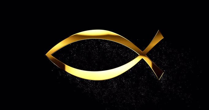 Gold Ichthys or Jesus fish symbol with glare and glittering falling particles, specular highlight reflection and golden dust is drifting down from Jesus fish, christianity sign, footage