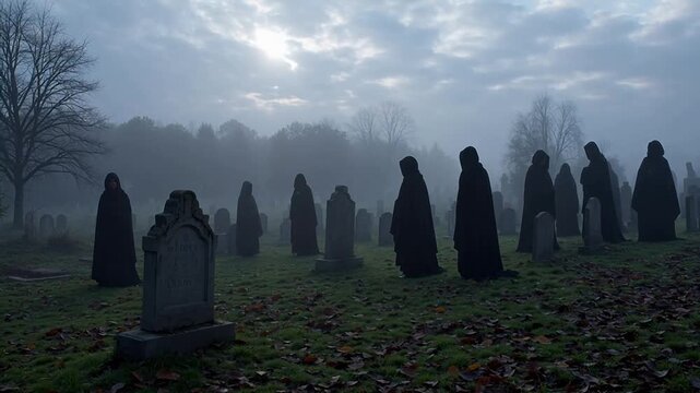 Graveyard with cloaked figures