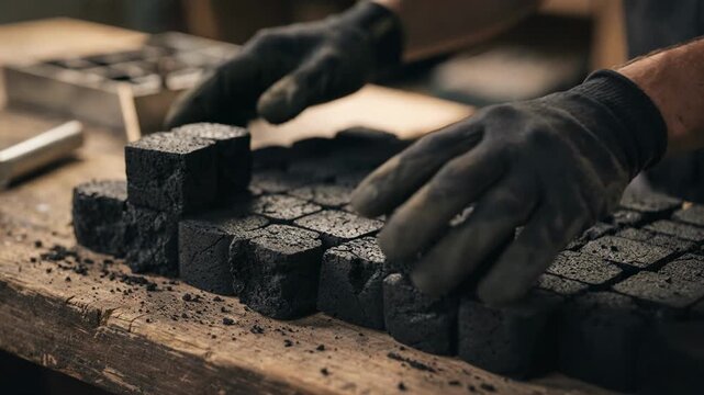 Closeup medium shot capturing the precise hand molding of engineered coal briquettes designed for barbecue use highlighting the cleanerburning formula in an artisanal workshop.