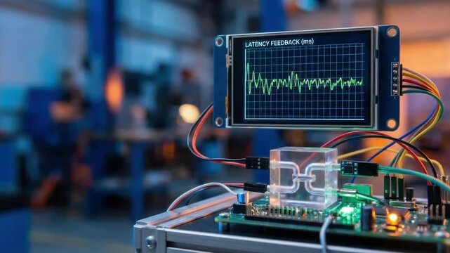 Next gen engineering solution simulation digital twin latency feedback graph monitor with heart rate waveform electronic prototype modern industrial