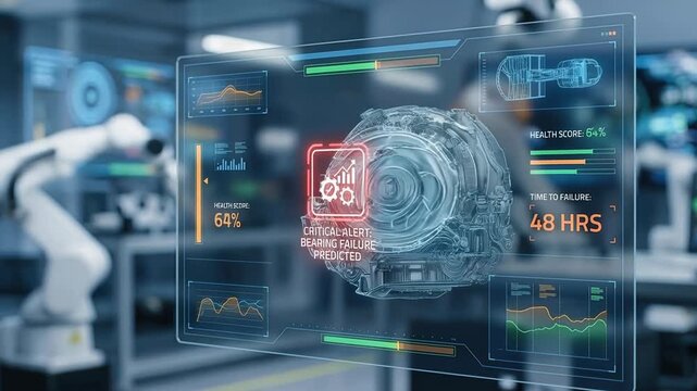 Next gen engineering solution simulation digital twin interface predicts bearing failure alert smart factory automation with robotic arm