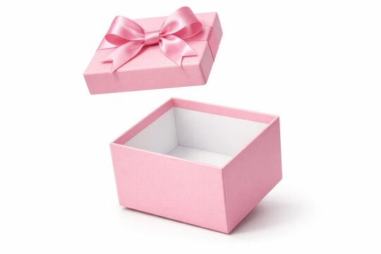 Open empty pink gift box with lid and satin ribbon bow floating above, isolated on a clean white background, perfect for product display or holiday promotions.