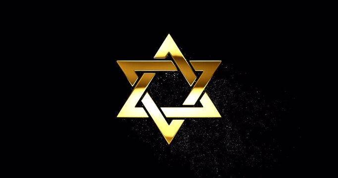 Gold Star of David symbol with glare and glittering falling particles, specular highlight reflection and golden dust is drifting down from Shield of David, Judaism sign, footage