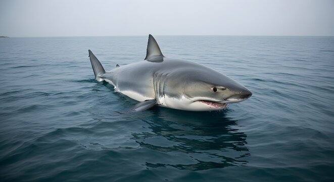 Powerful great white shark (Carcharodon carcharias) with dorsal fin breaching the calm blue ocean surface, hunting in its natural marine habitat.
