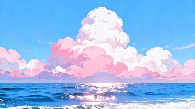Ocean waves under pink and white clouds