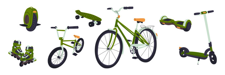 Large set of urban and electric transport including bicycle, scooter, hoverboard, board and skates isolated on white background. Flat illustration for eco travel posters or city movement banners © Svetlana
