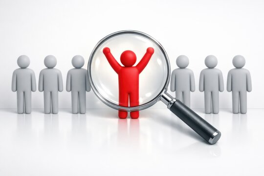 Red 3D human figure with raised arms magnified by a loupe, standing out from a row of grey figures, symbolizing success, leadership, and unique talent on a clean white background.
