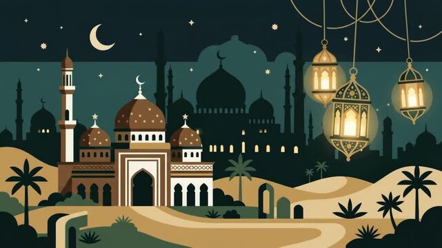 Ramadan Night Mosque with Lanterns, and and Crescent Moon Glow.