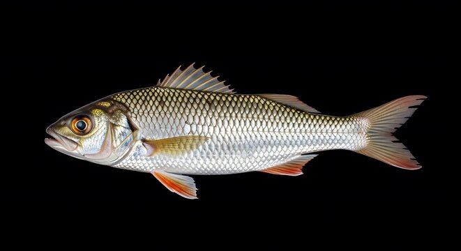 Single freshwater common roach fish (Rutilus rutilus) in side profile, starkly isolated on a black background, emphasizing its form.