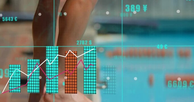 Athlete gripping diving block, initiating data overlays scaling with stance shifting for analytics