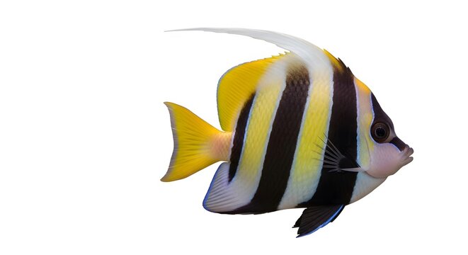 Vivid yellow and black striped bannerfish (Heniochus acuminatus) with its distinctive long dorsal fin, isolated on a white background.